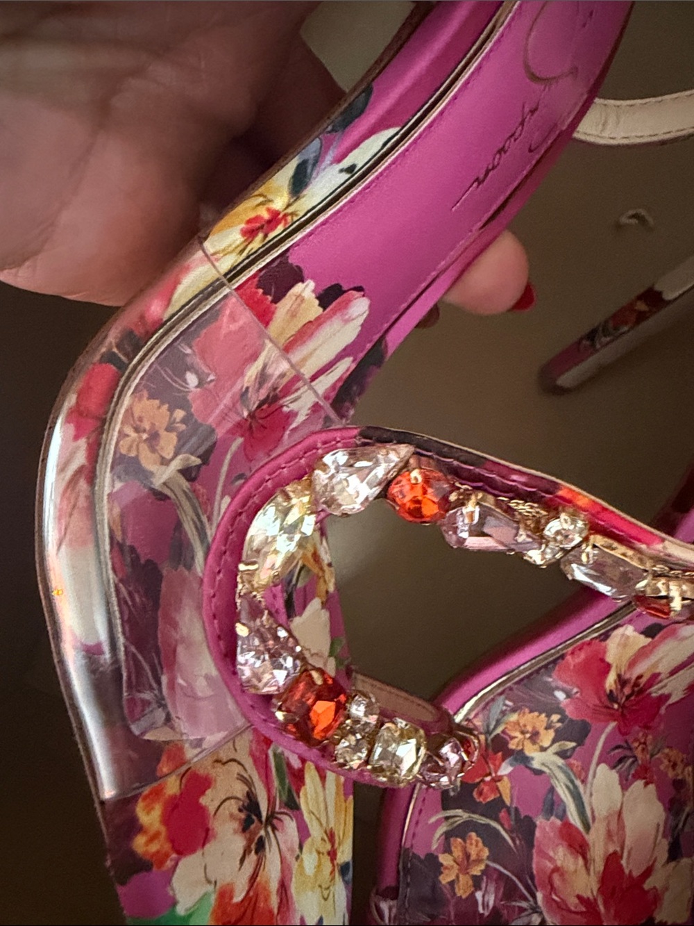 Pink Floral Crystal T-Strap Stiletto Sandals - Picture 8 of 11